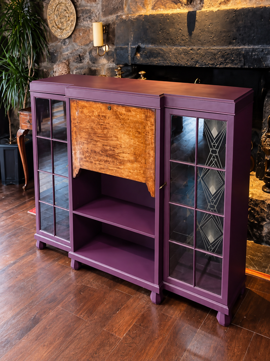 Art Deco Writing Bureau Bookcase & Drinks Cabinet - Aubergine Purple, Walnut & Glass