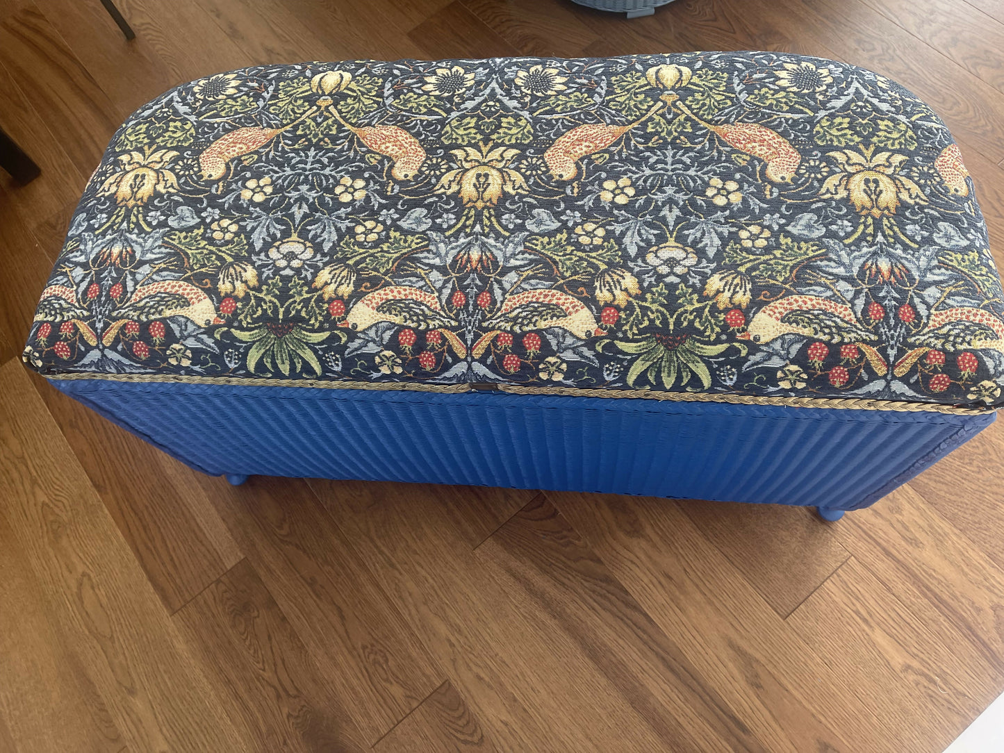 Mid century bright blue repainted ottoman with new William Morris style fabric