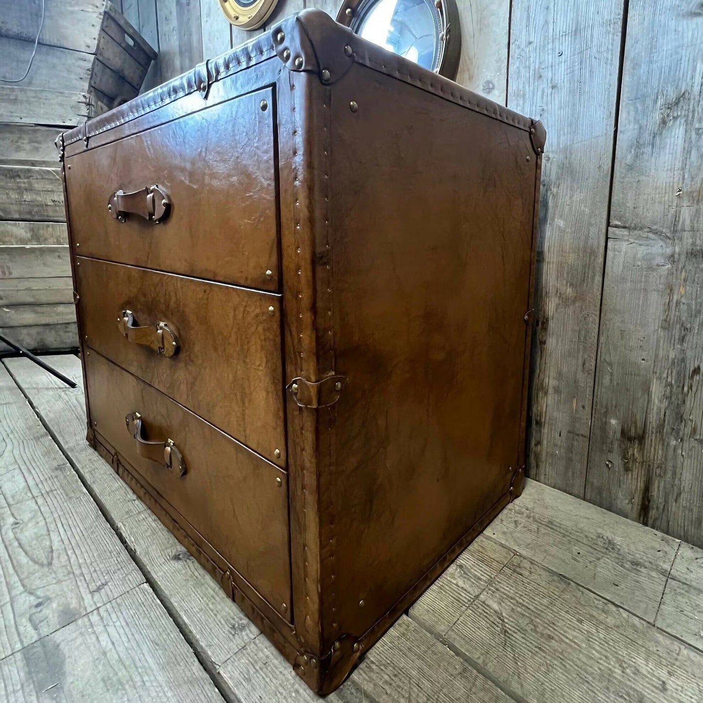 English handmade vintage luxury leather drawer chest - London tan