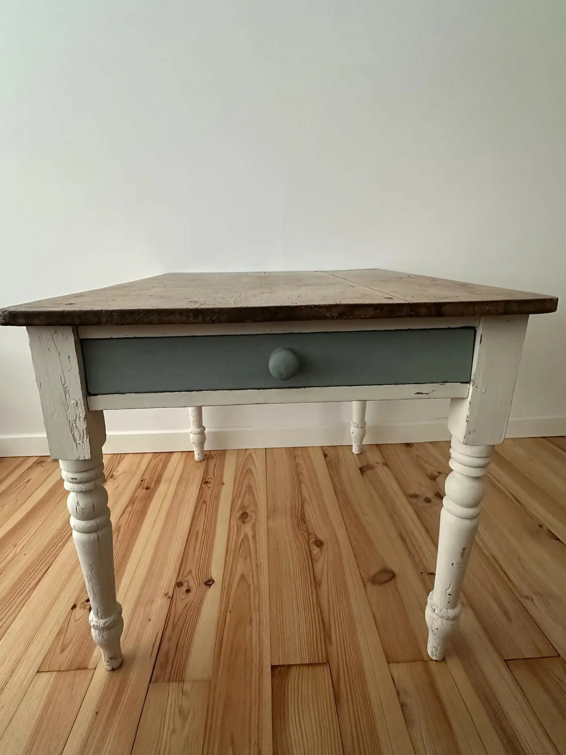 Antique Pine Farmhouse Kitchen Table Scrub Stripped Rustic Top With End Drawer