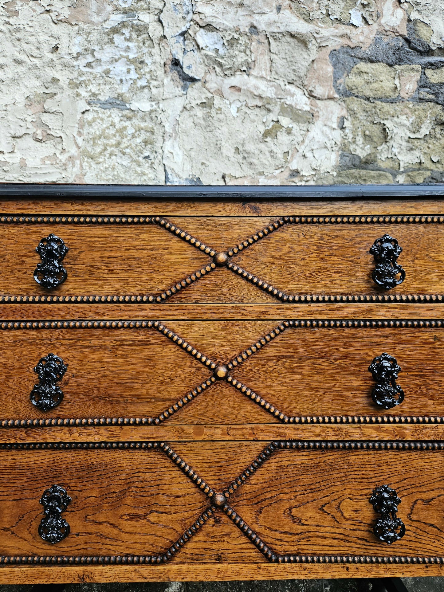 Vintage Oak Chest Of Drawers Three Drawer Lovely Detailing Super Proportions Ebonised In Black