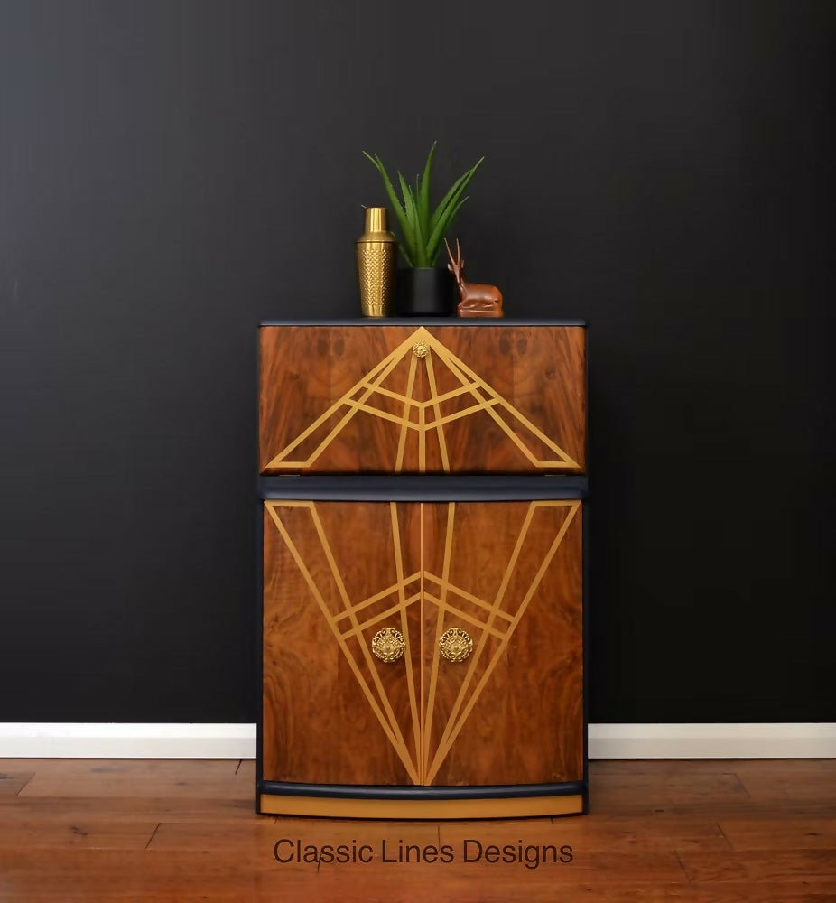 "Diamonte' Burr Walnut Cocktail Cabinet, Vintage 1950 Narrow Drinks Cocktail Cabinet