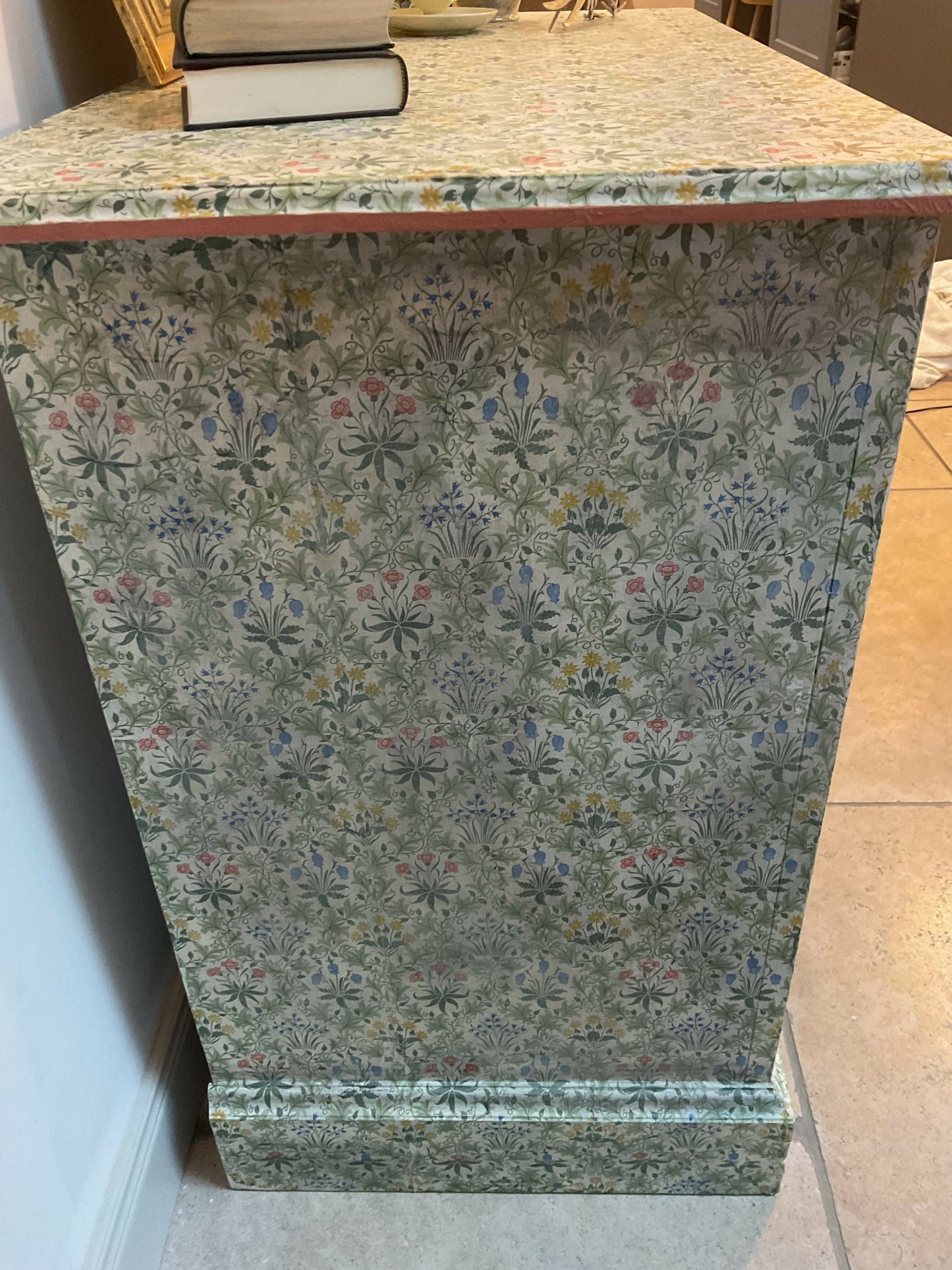 Antique chest of drawers covered in William Morris decoupage. With hand painted handles.