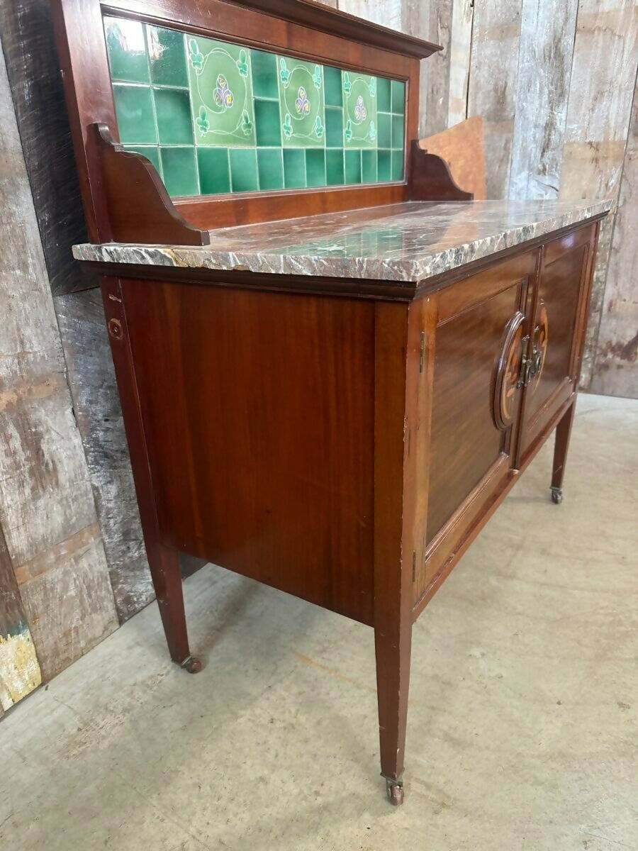 Antique Art Nouveau Three Piece Bedroom Suite, Dressing Chest, Double Wardrobe, Marble Washstand, c 1900