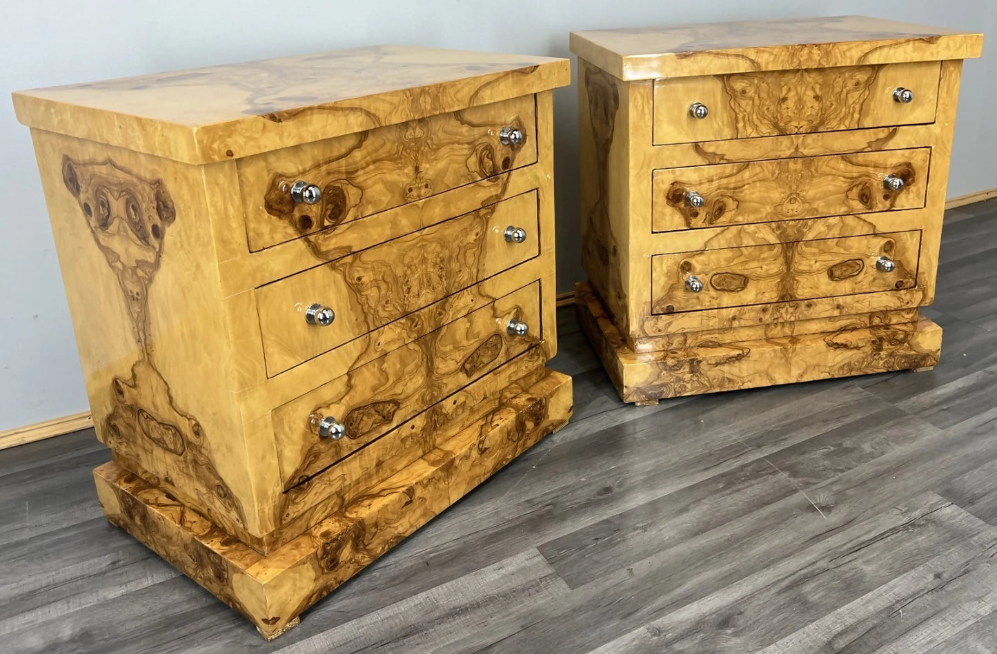 Vintage French Art Deco Burr Bedside Tables Pair | 3 Drawer Nightstands | French Design | Nickel Knobs | Elegant Veneer Finish | Lot 4233