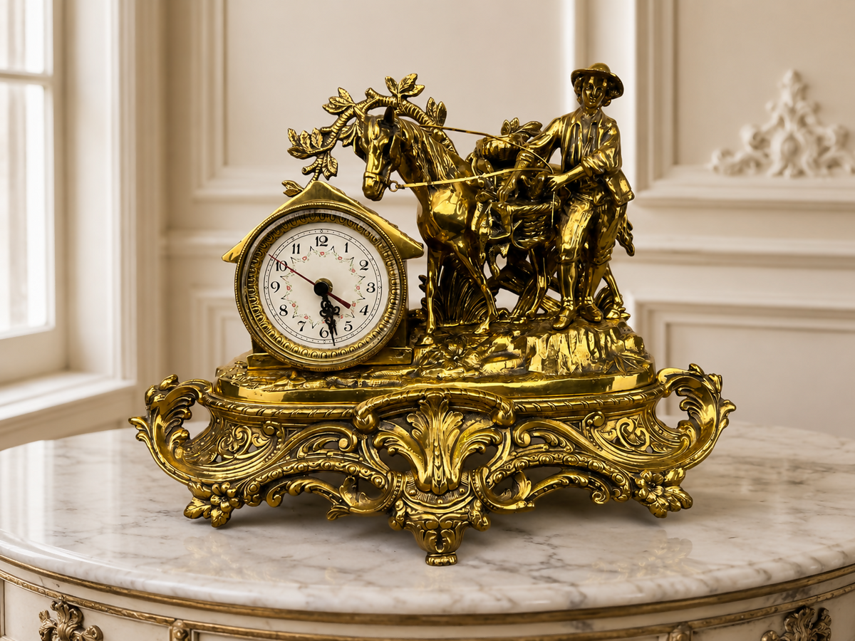 Clock Vintage French Style Quartz Ornate Horse Figure Mantel Clock LOT 6435