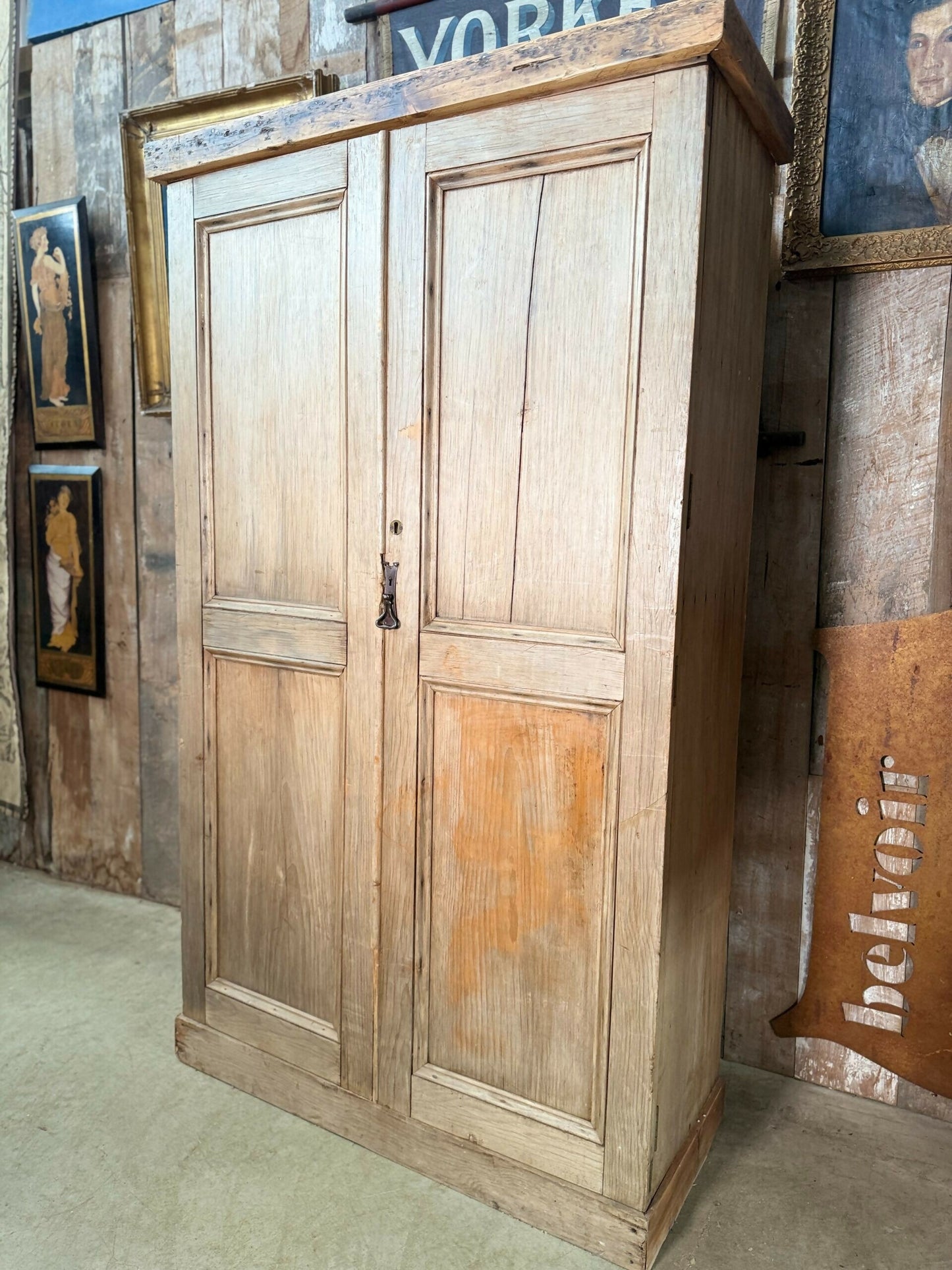 Antique Early Victorian Pine Narrow Hall Housekeeper Cloak Storage Cupboard, c 1830