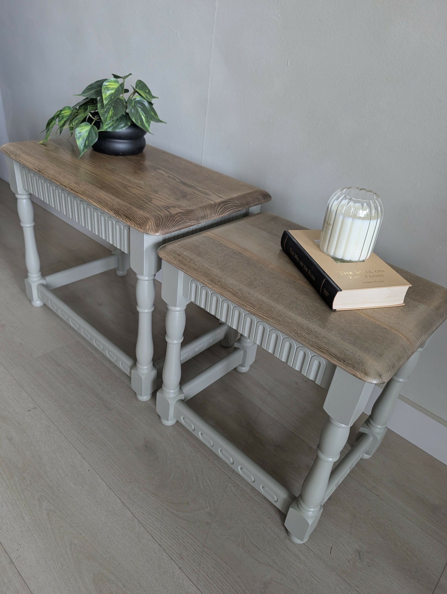 Refinished Oak Side Tables – Natural Wood & Warm Stone