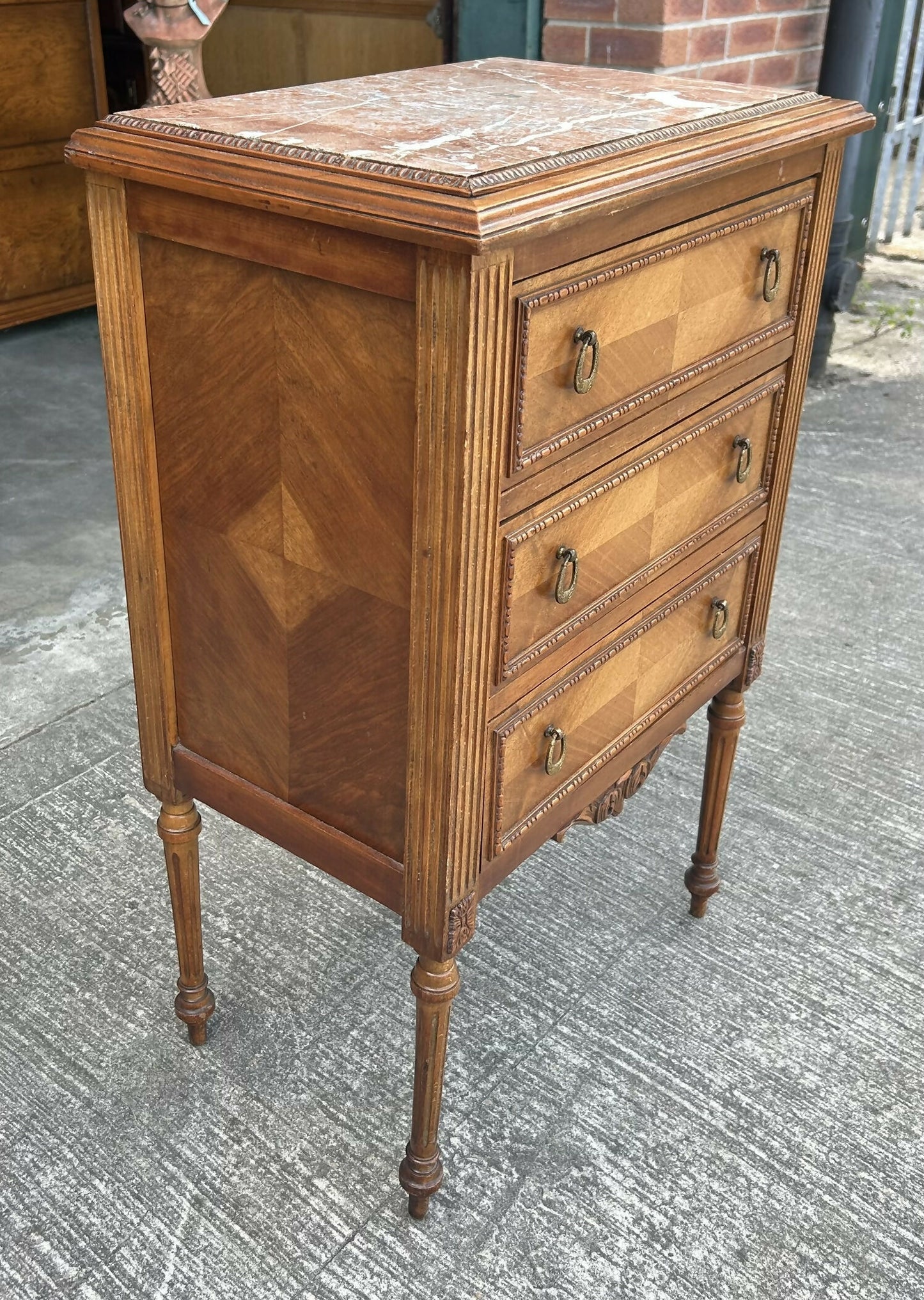 Antique French Louis XVI Style Walnut Marble Topped Bedside Chest Of Drawers