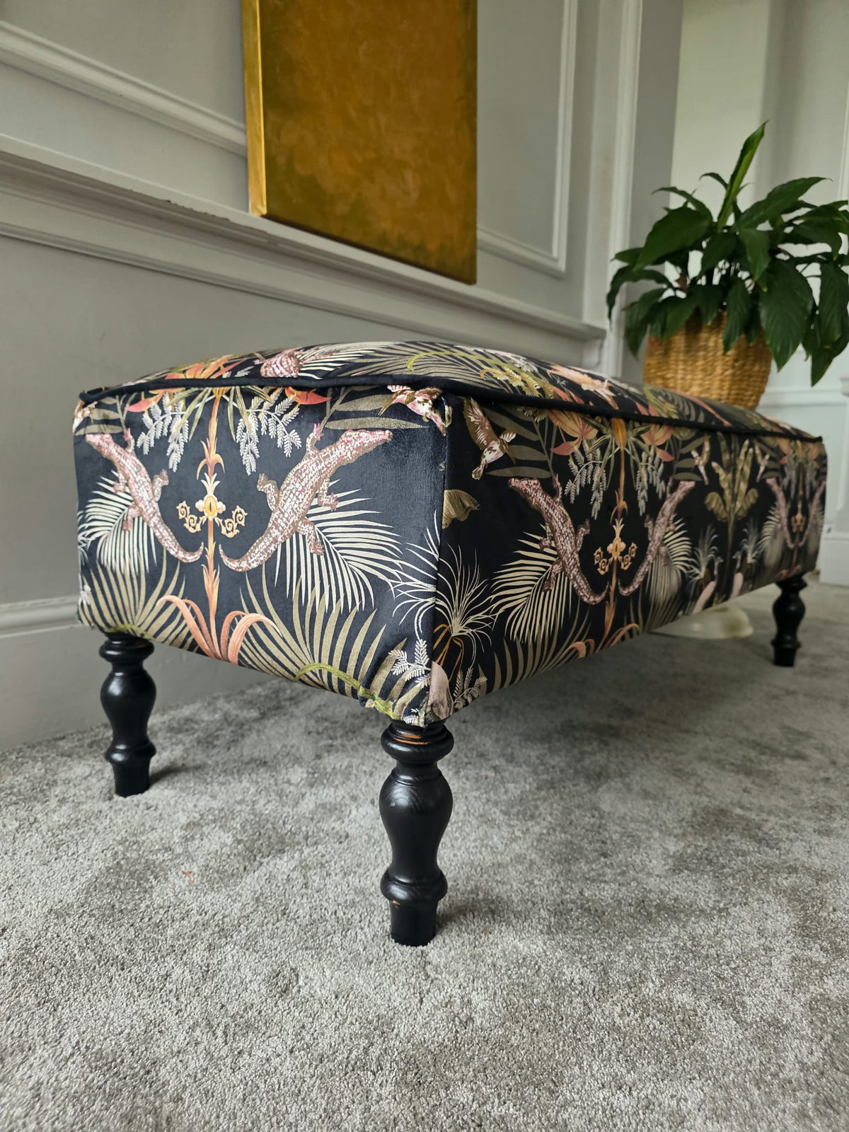 Ottoman, Long Sturdy Footstool Restored & Upholstered in Becca Who 'Crocodilia'