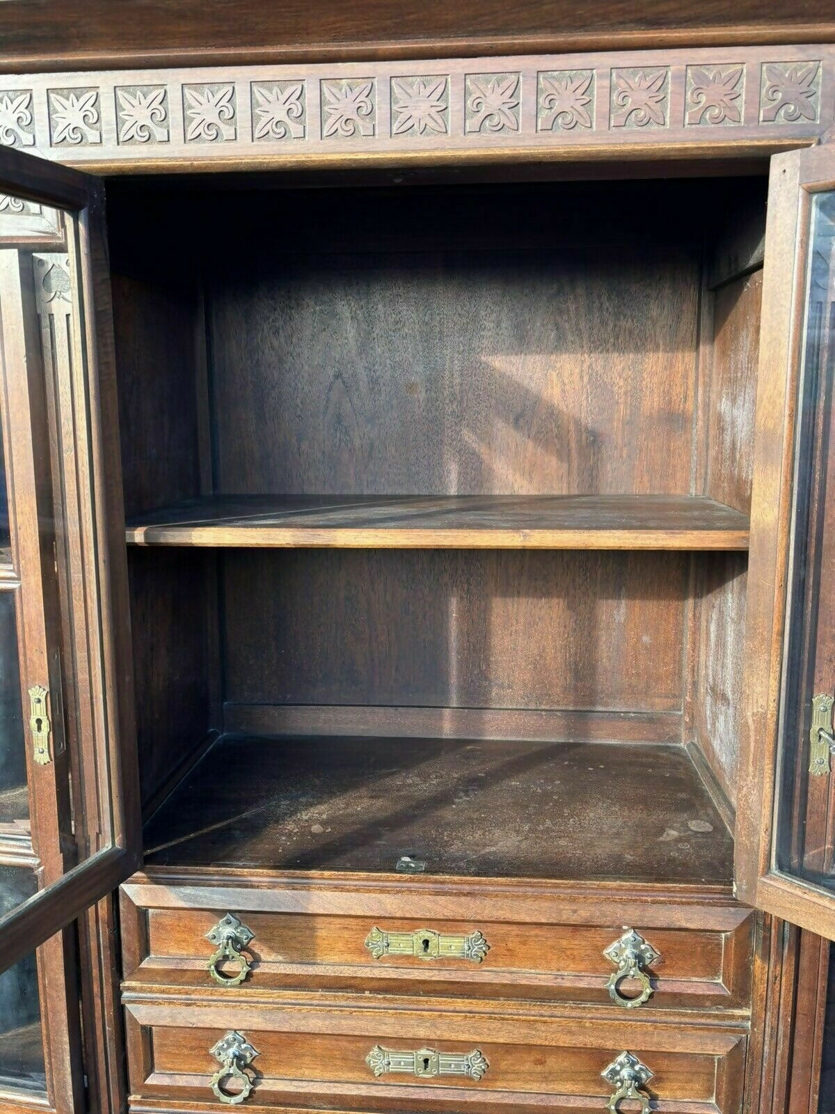 Arts & Crafts French Walnut Bookcase / Cupboard With Fitted Shelves & Drawers