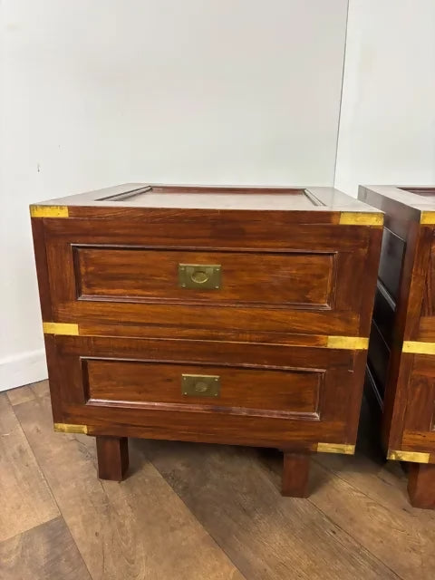 Pair of Campaign Style Hardwood Bedside Chests