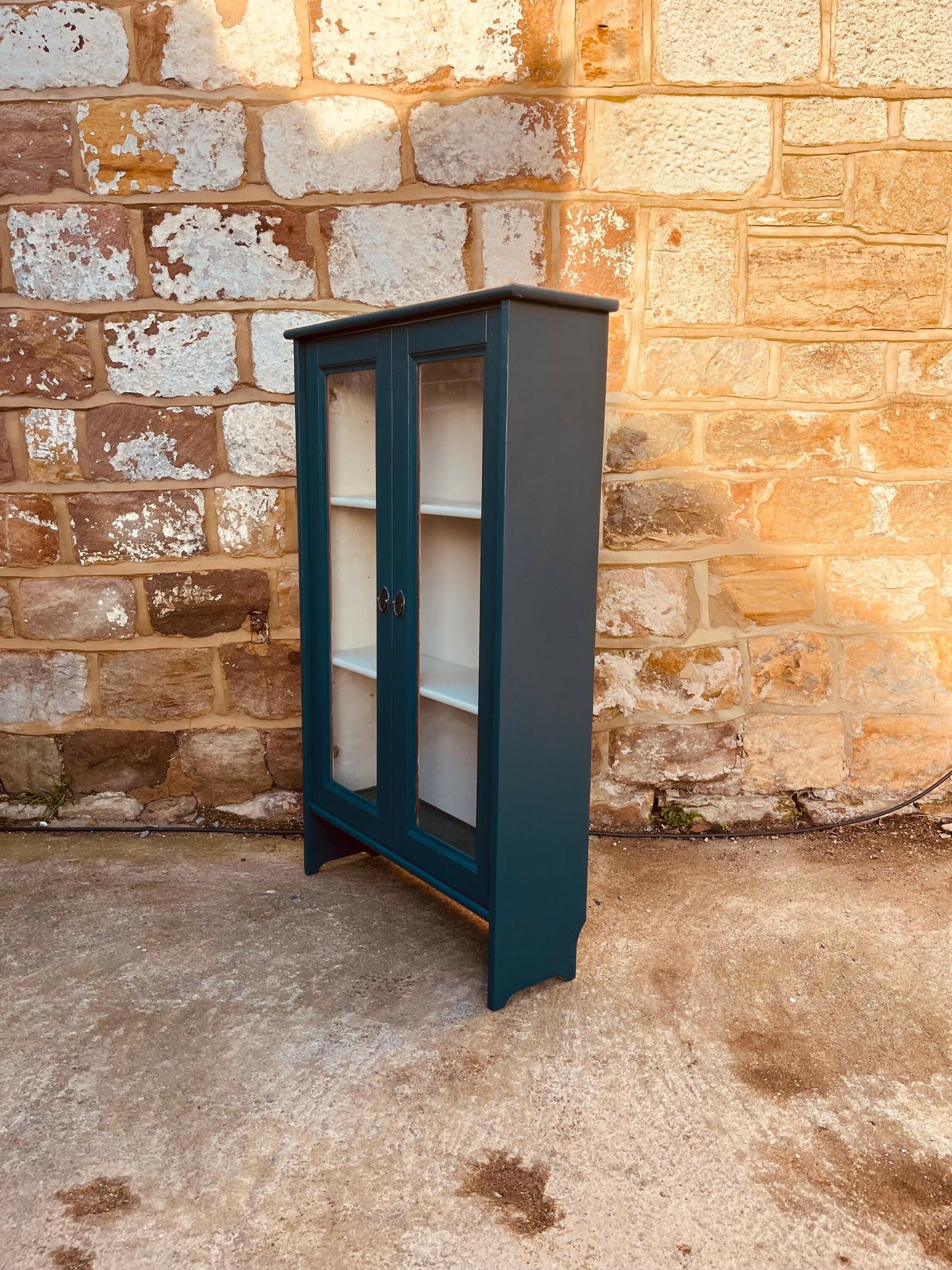 Vintage Glazed Display Cabinet | Hand Painted Teal Green Cupboard | Upcycled Wooden Bookcase | Cottage Kitchen Storage