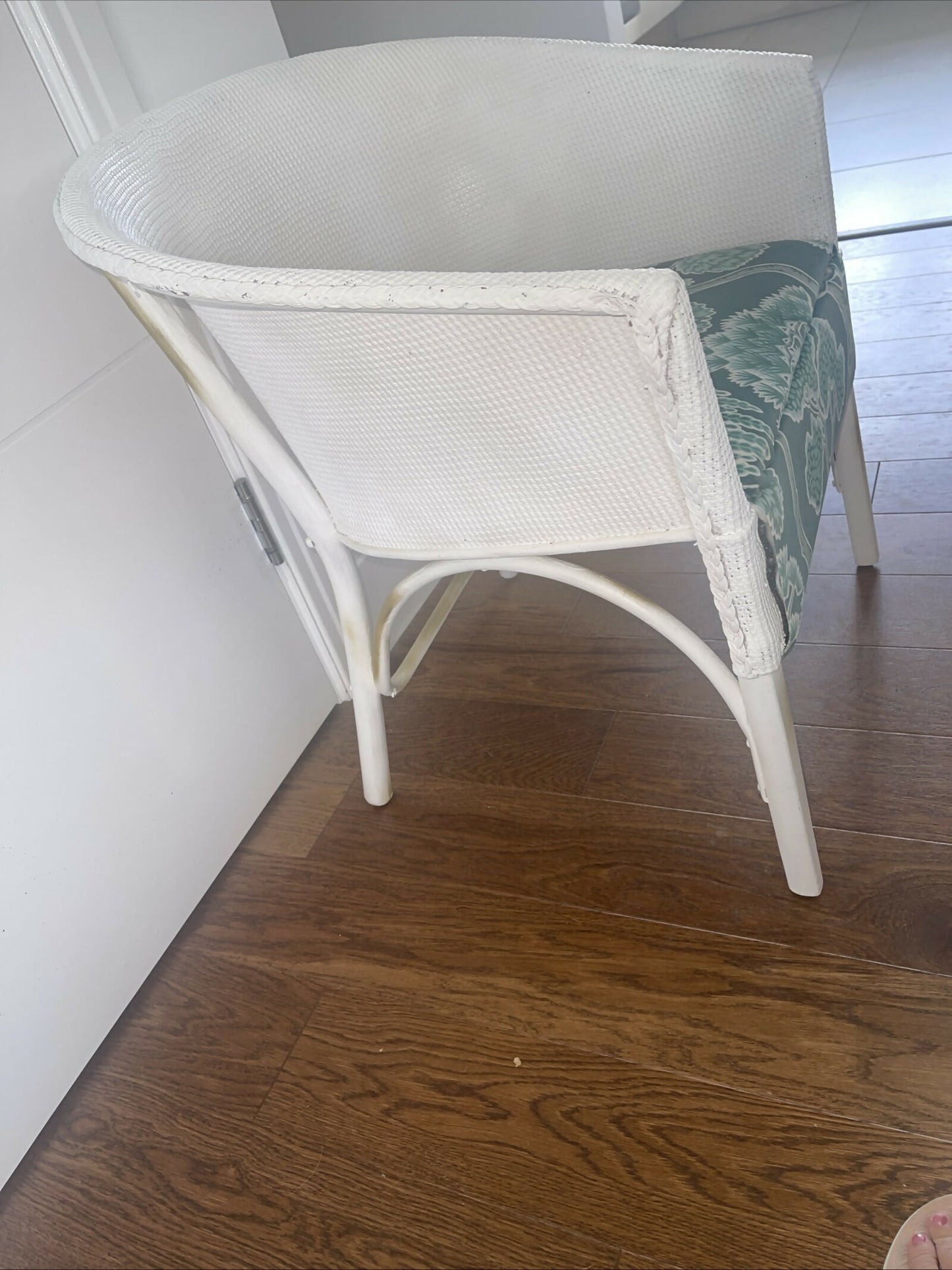 white accent chair with velvety tree pattern seat