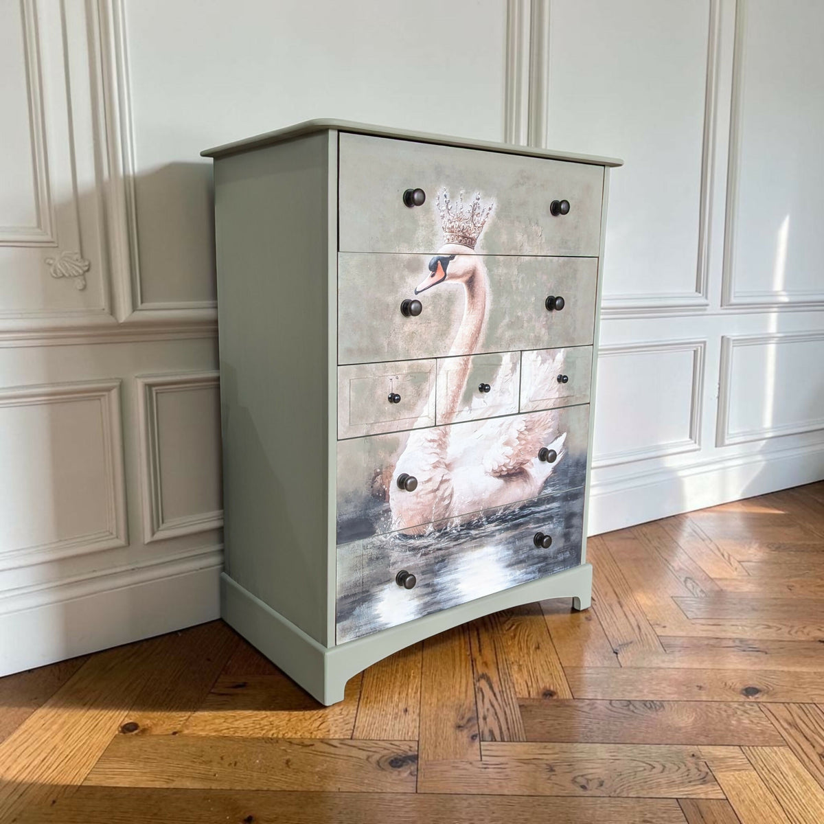 Vintage Stag sage green chest of drawers decoupage tallboy