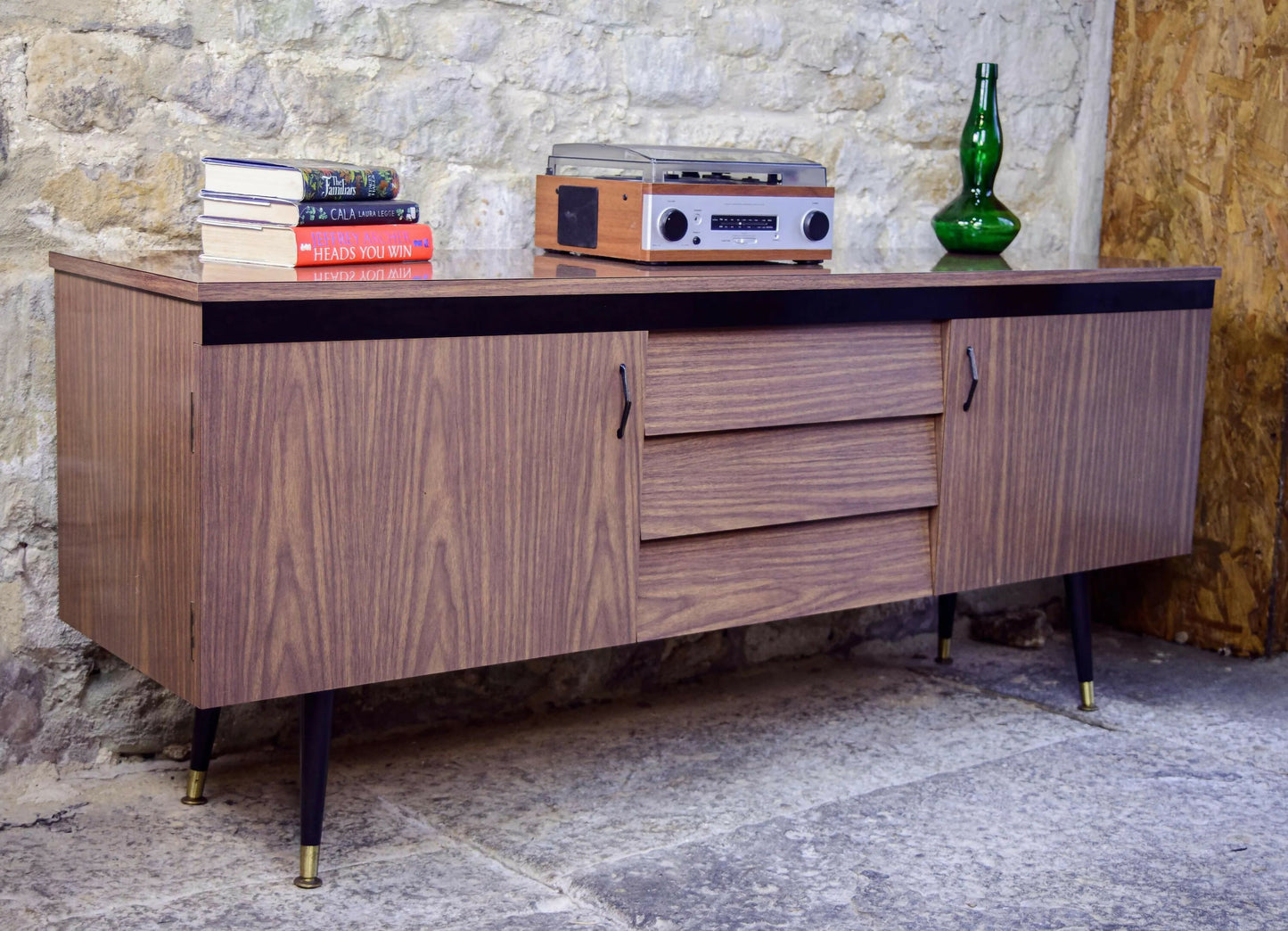 Mid Century Long Sideboard - Melamine - Tapered Legs - 1960s