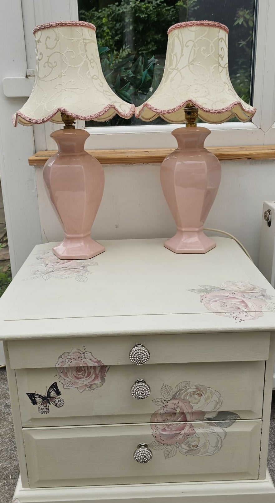 Vintage St Michael hexagonal ceramic ginger jar table lamps in pastel pink