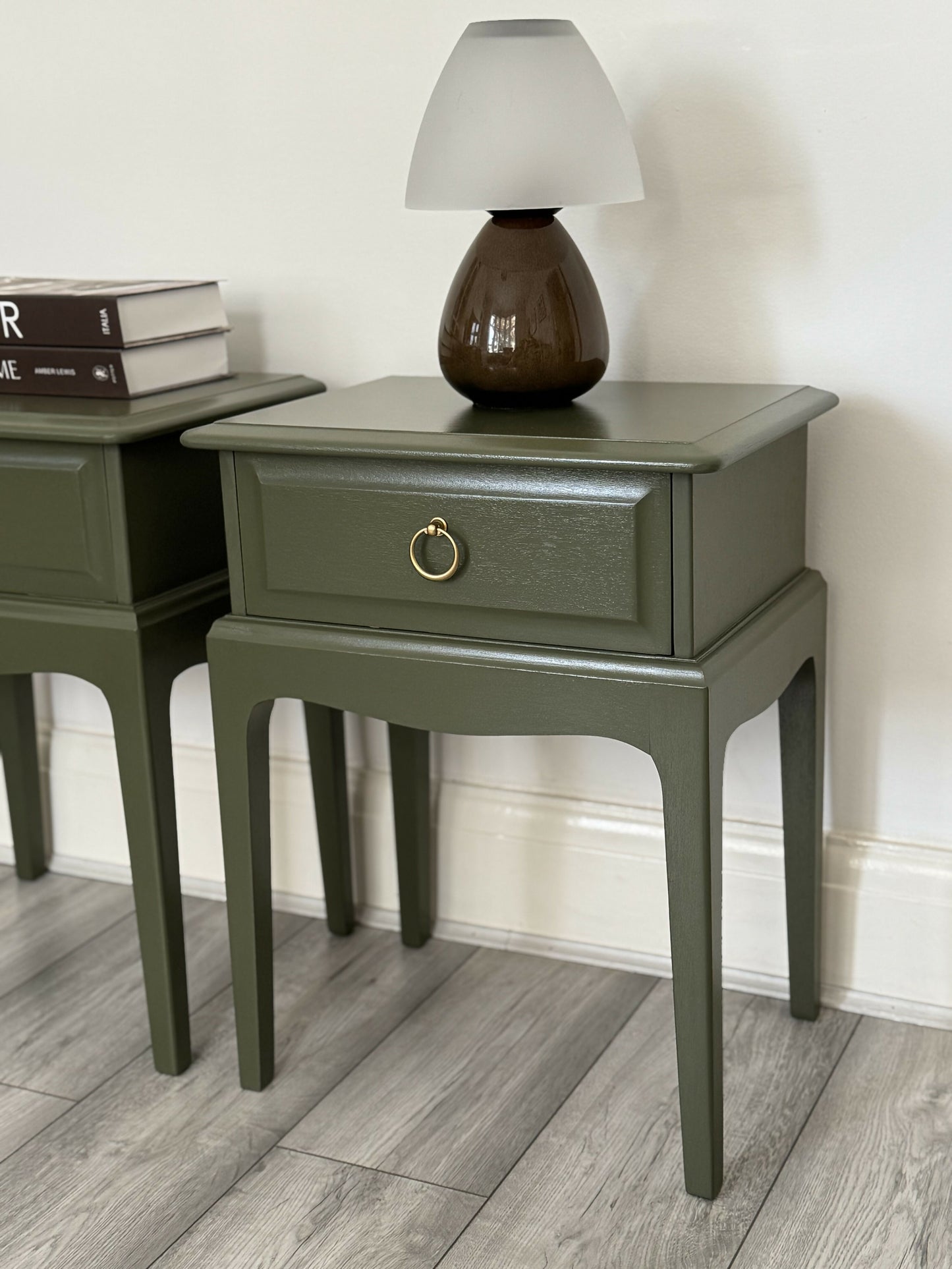 Pair Of Vintage Stag Minstrel Bedside Tables Cabinets Leggy ,Olive Green Elegance , Painted In Fusion Mineral Paint