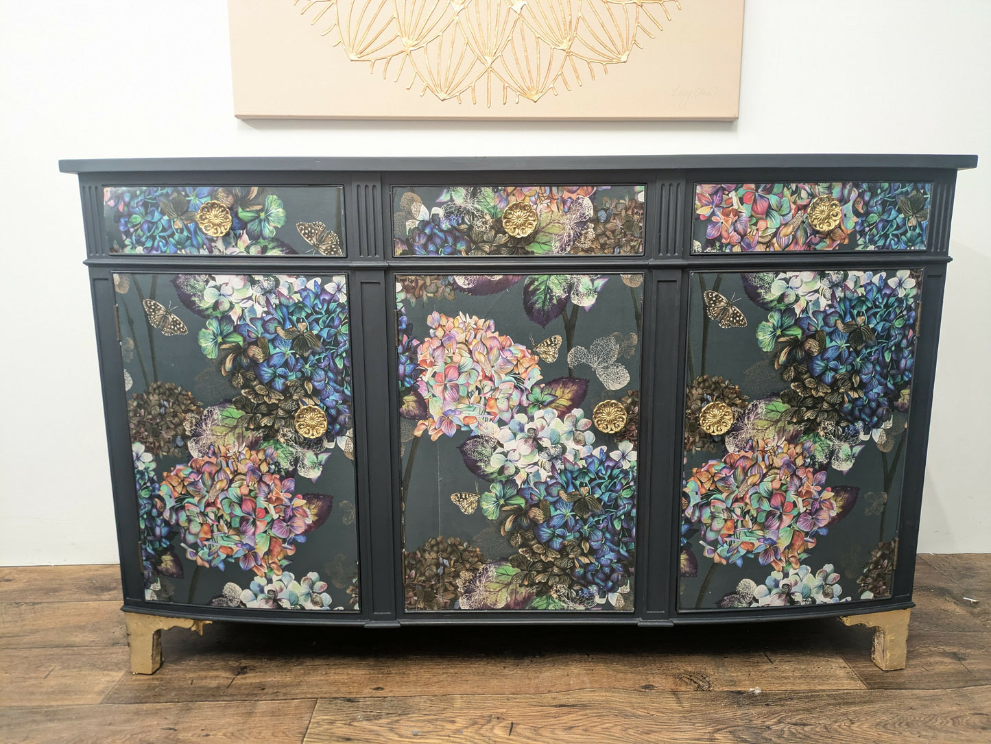 Vintage Curved Mahogany Sideboard Painted in Navy with Flower Butterfly Hydrangea Print