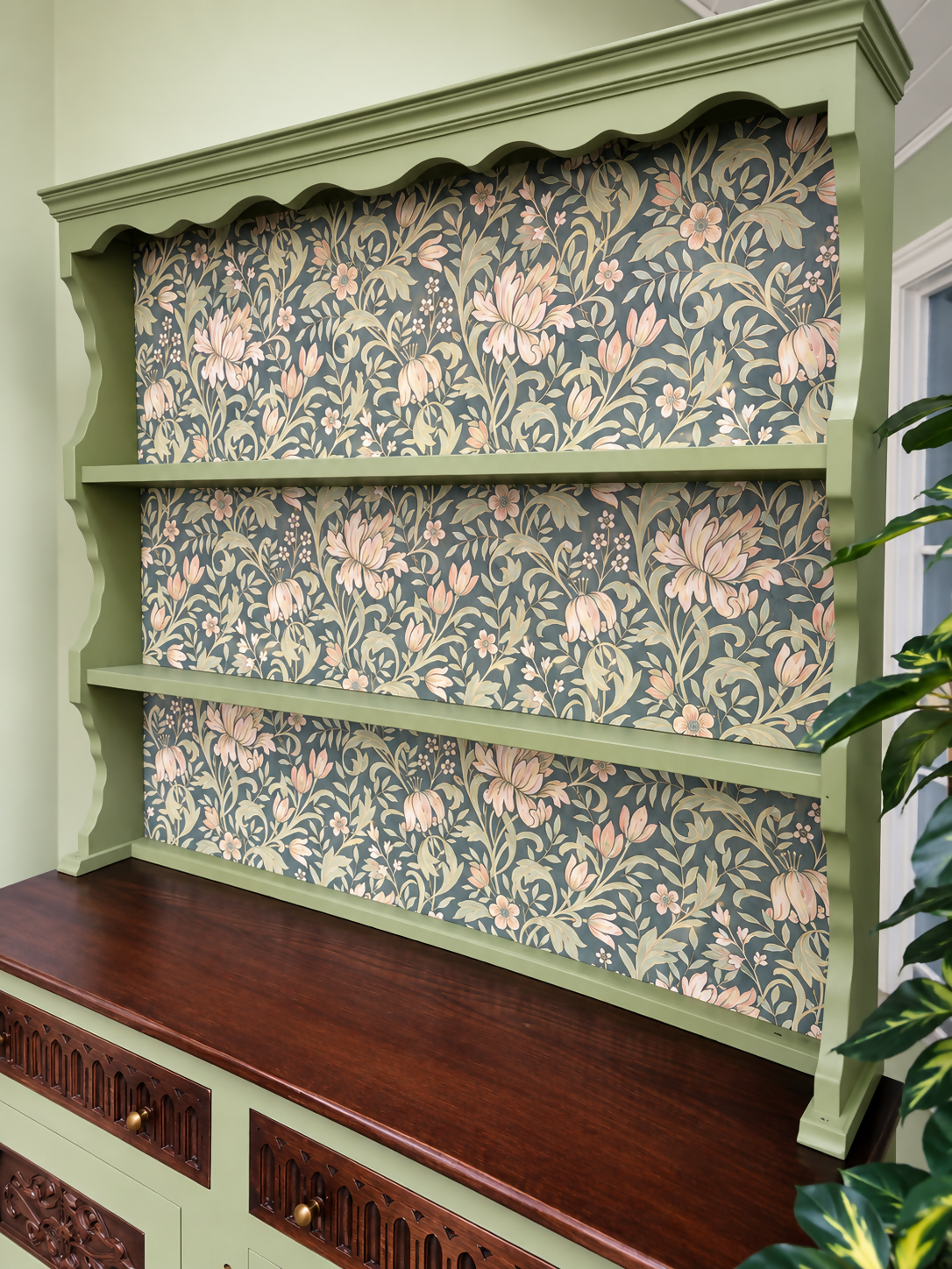 Vintage Welsh Dresser - Green, Oak & William Morris-Inspired Botanical Drinks Cabinet