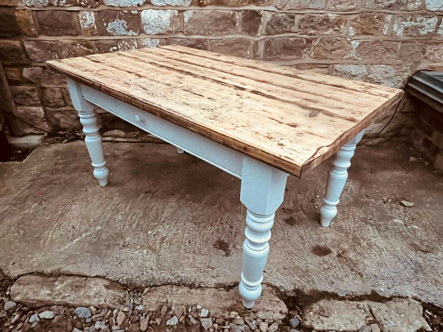 Vintage Farmhouse Table with Drawer – Rustic Reclaimed Pine Top & Painted Base – Country Kitchen Dining