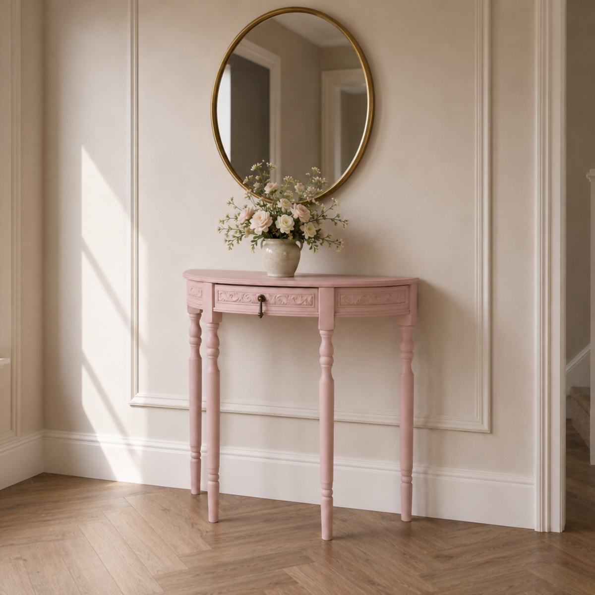 Blush Pink Demi Lune Console Table | Vintage Upcycled Half Moon Hallway Table