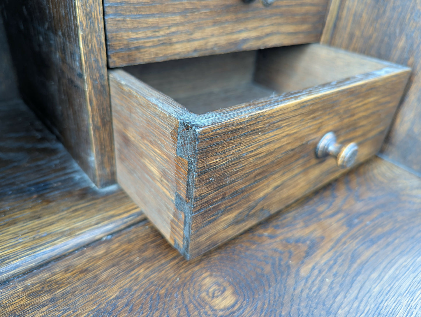 Antique Victorian tudor oak hand carved green man bureau dest chest drawers in