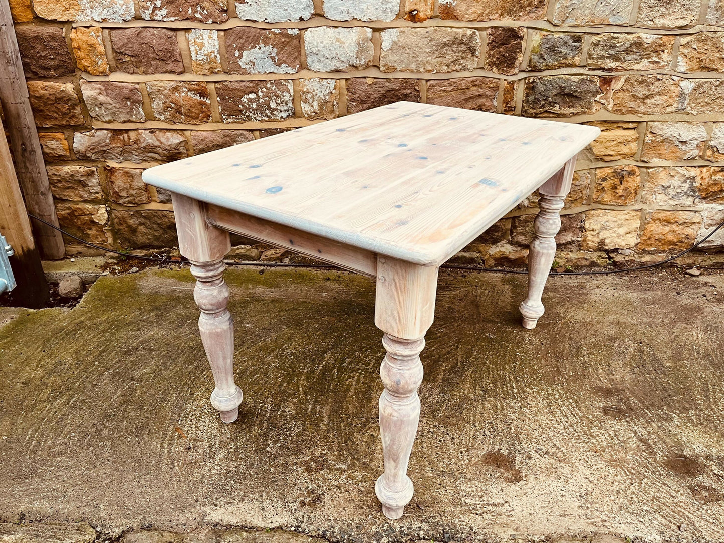 Stripped Pine Farmhouse Dining Table | Solid Wood Country Kitchen Table | Turned Legs Rustic Cottage Table