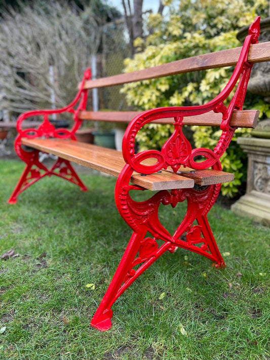 Ornate Red Garden Bench with Oak Planks