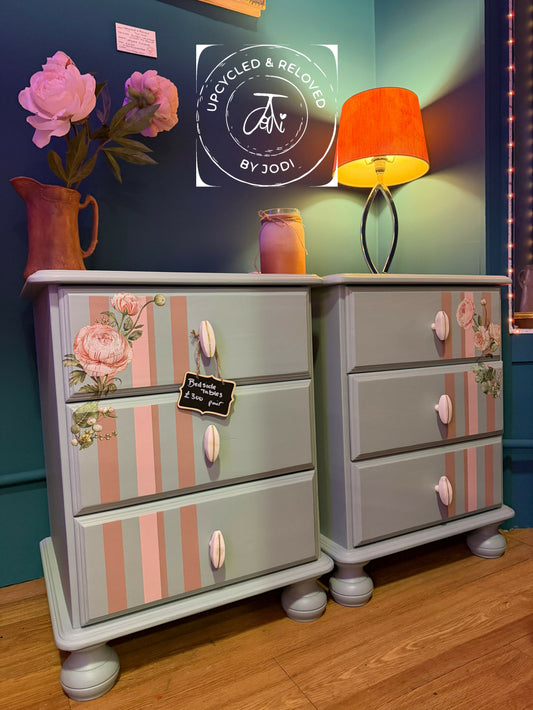 Pair of duck egg blue bedside tables. Upcycled night stands x 2 in French eggshell with pink floral and striped pattern (sold as a pair)