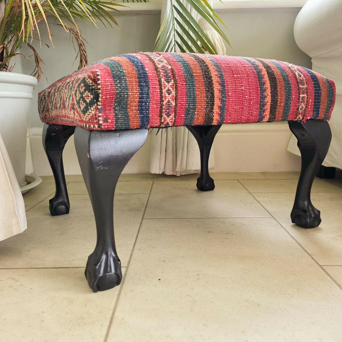 Kelim Covered Footstool. Genuine Vintage Kelim Rug. All Wool, Hand Knotted. Fully Restored and Upcycled Piece.