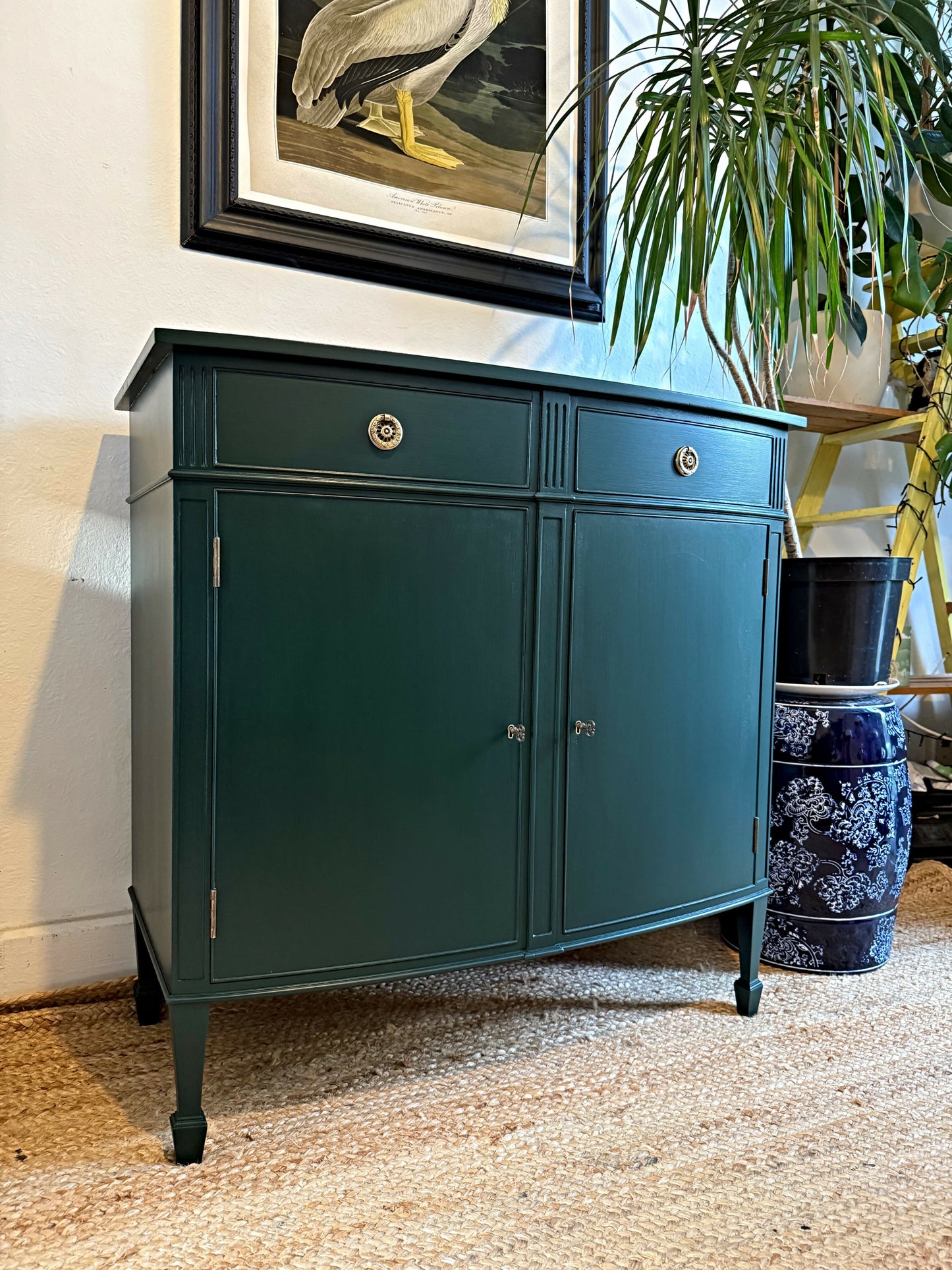 Newly refurbished bow fronted sideboard solid Wood Green antique vintage