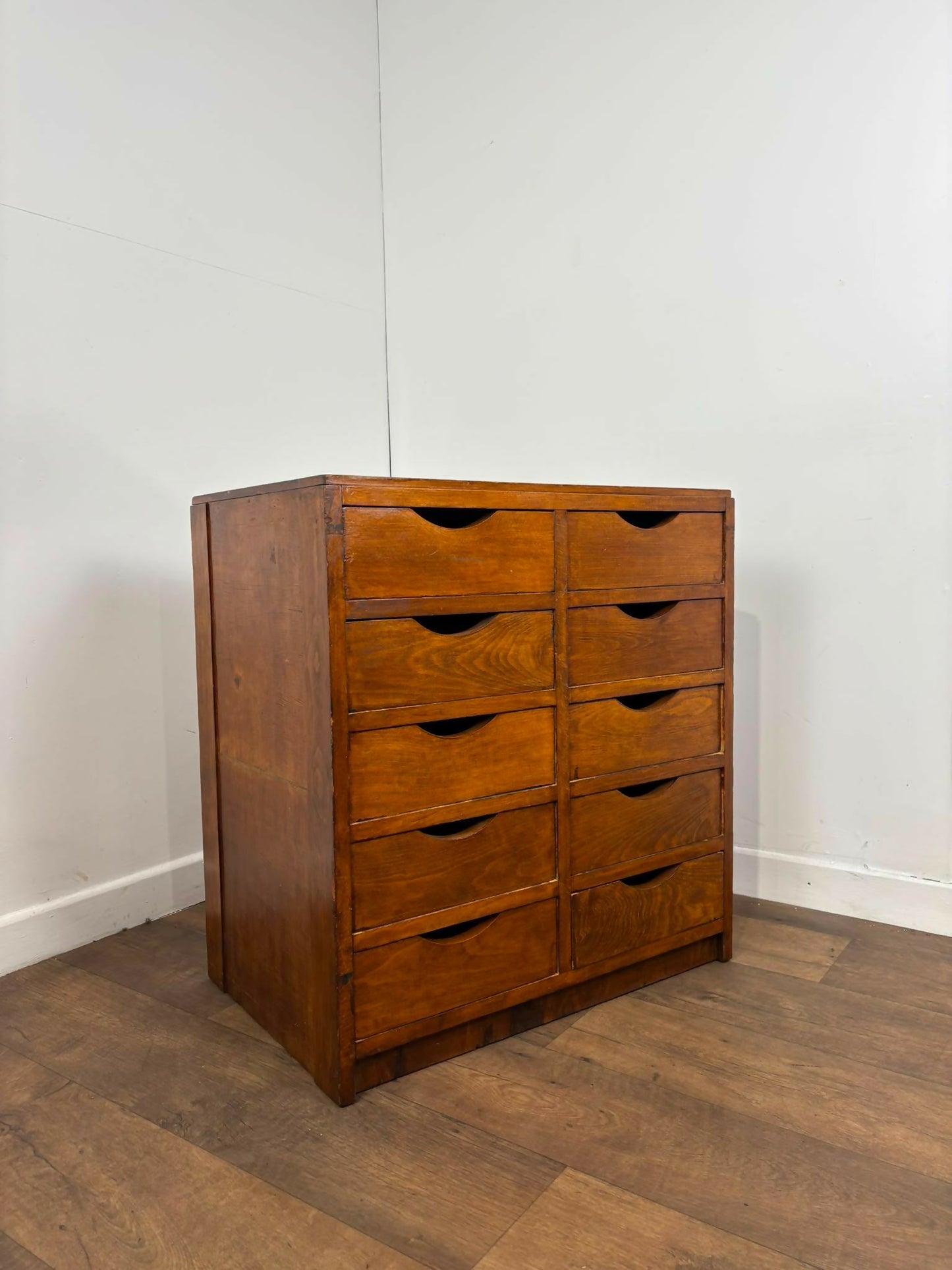 Vintage Oak Veneer Bank of Ten Drawers