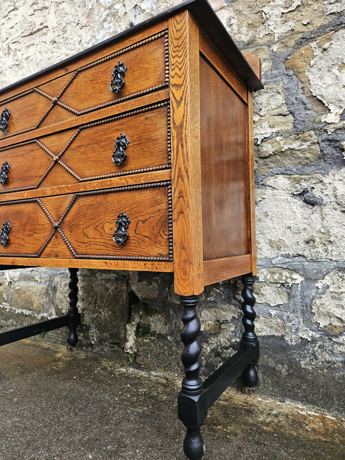 Vintage Oak Chest Of Drawers Three Drawer Lovely Detailing Super Proportions Ebonised In Black