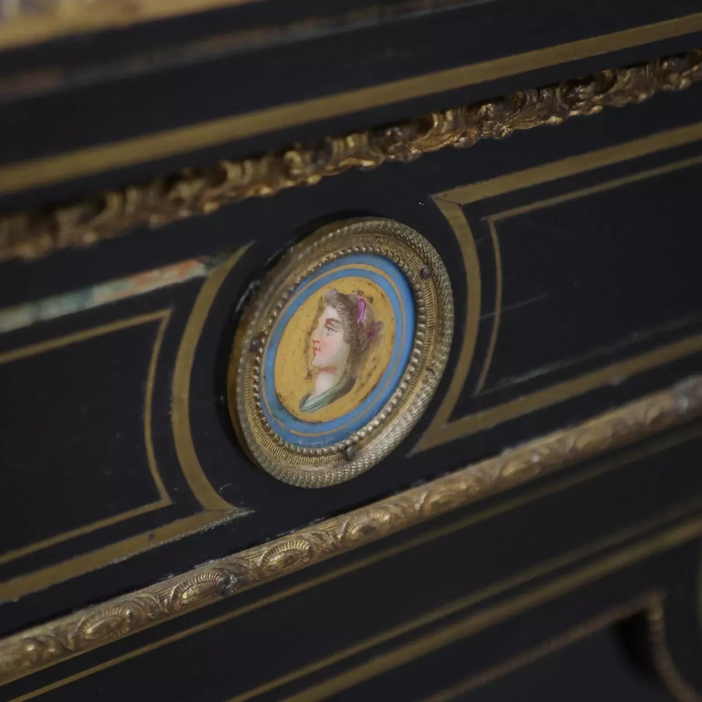 Antique Ebonised Black and Gilt Brass Credenza 19th Century with Porcelain Plaques