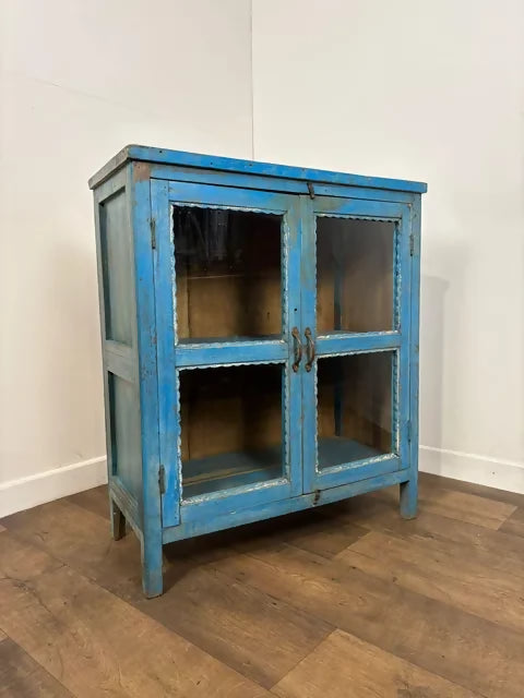 Rustic Reclaimed Wood Indian Blue Display Cabinet