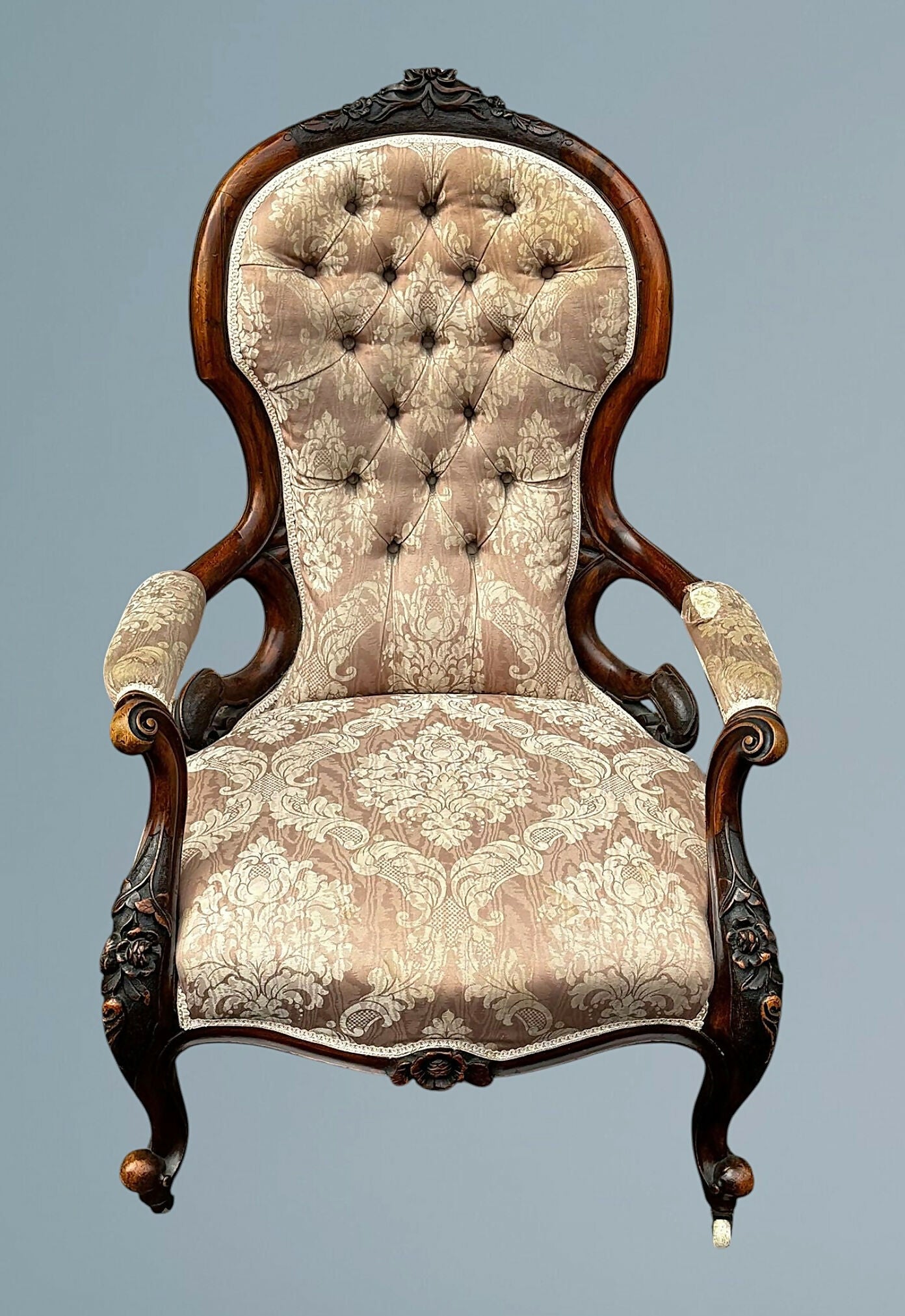 Victorian Walnut Open Armchair With Carved Decoration