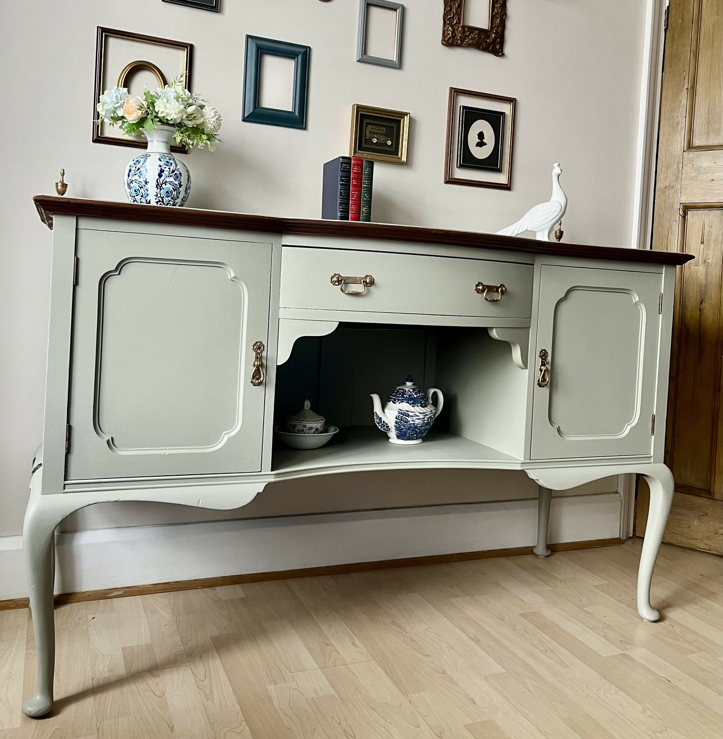 Antique Large, Solid Sage Green Greyish Sideboard: Bow-Fronted Cabinet with Brass Rail