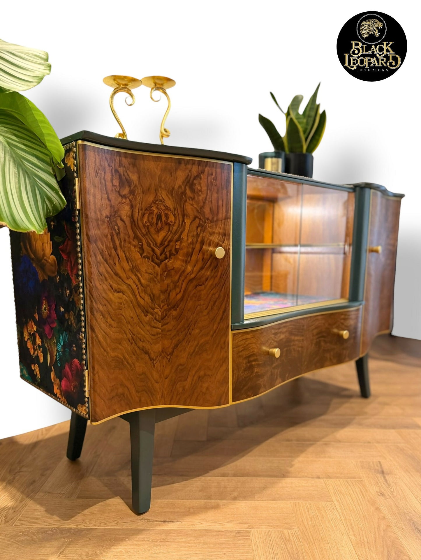 Luxury Unique Art Deco Sideboard with Drinks Cocktail Cabinet Section or TV Console | Refinished Hand Painted Vintage Green, Gold & Velvet | Black Leopard Interiors