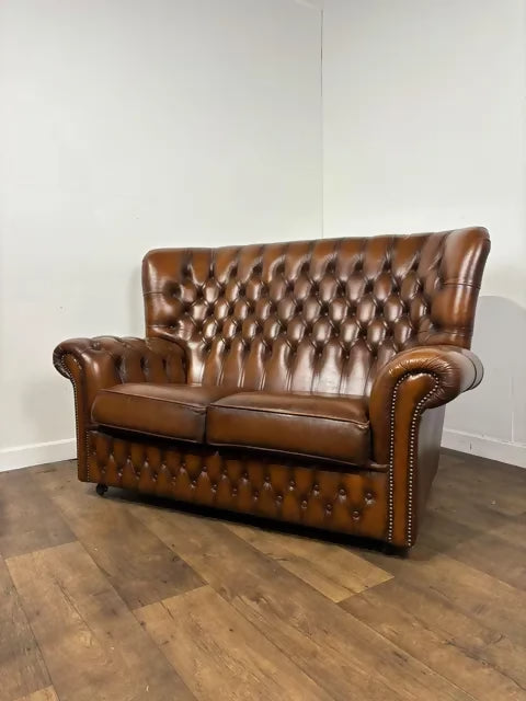 Vintage Brown Leather Button Back Chesterfield Two-Seater Settee