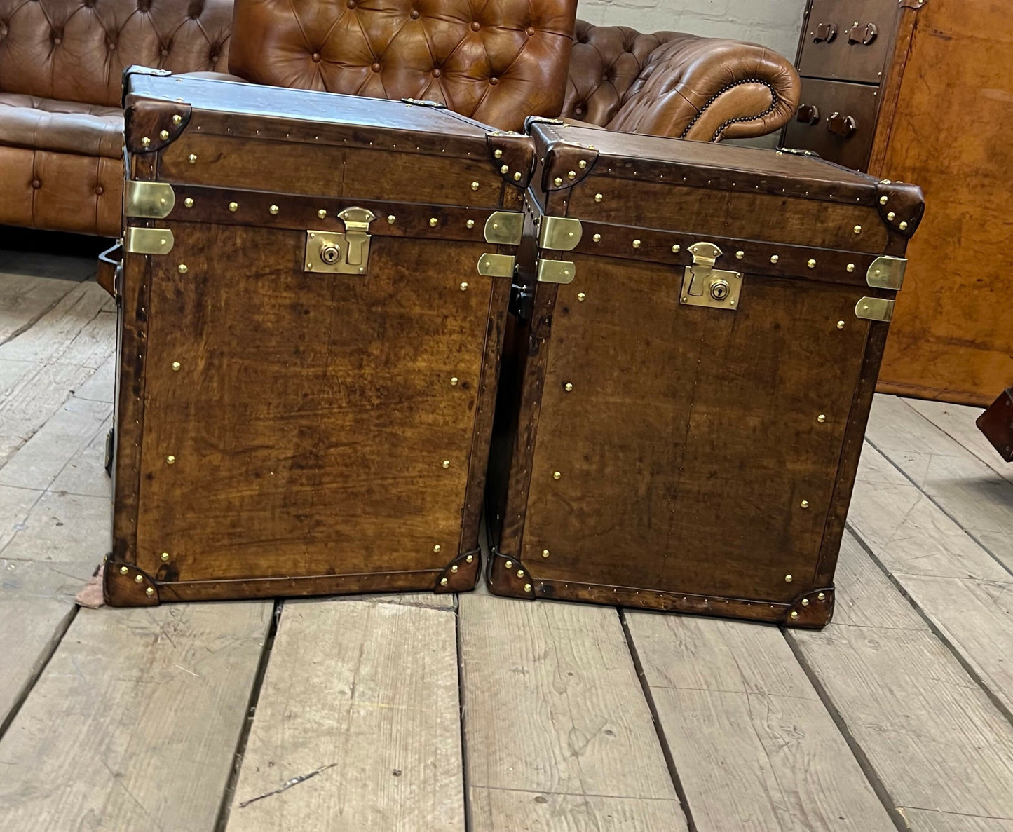 Handmade vintage storage trunks - luxury custom made - brown leather accent tables