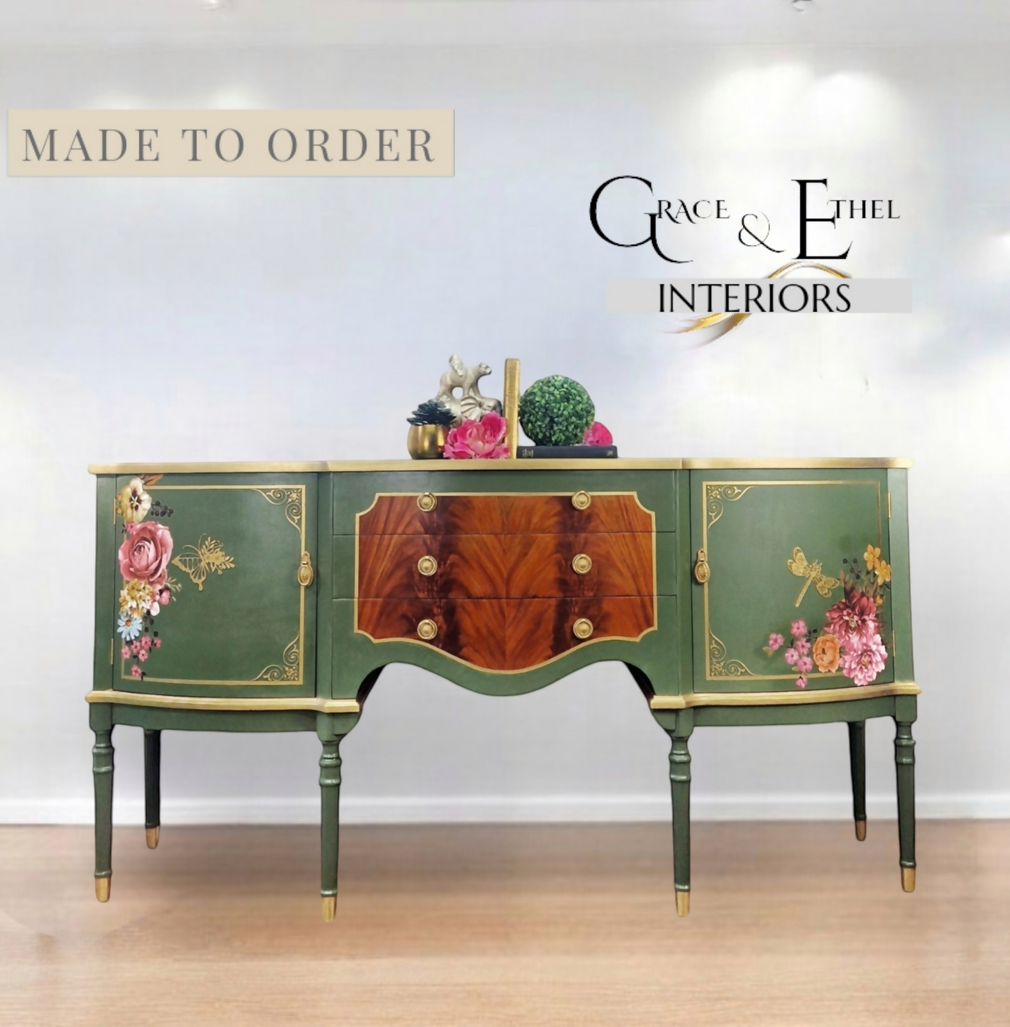 Green and gold vintage strongbow sideboard