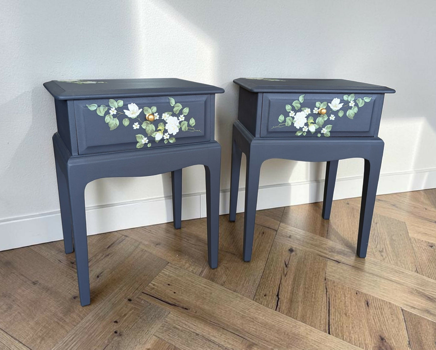 Vintage Stag minstrel navy blue bedside tables pair