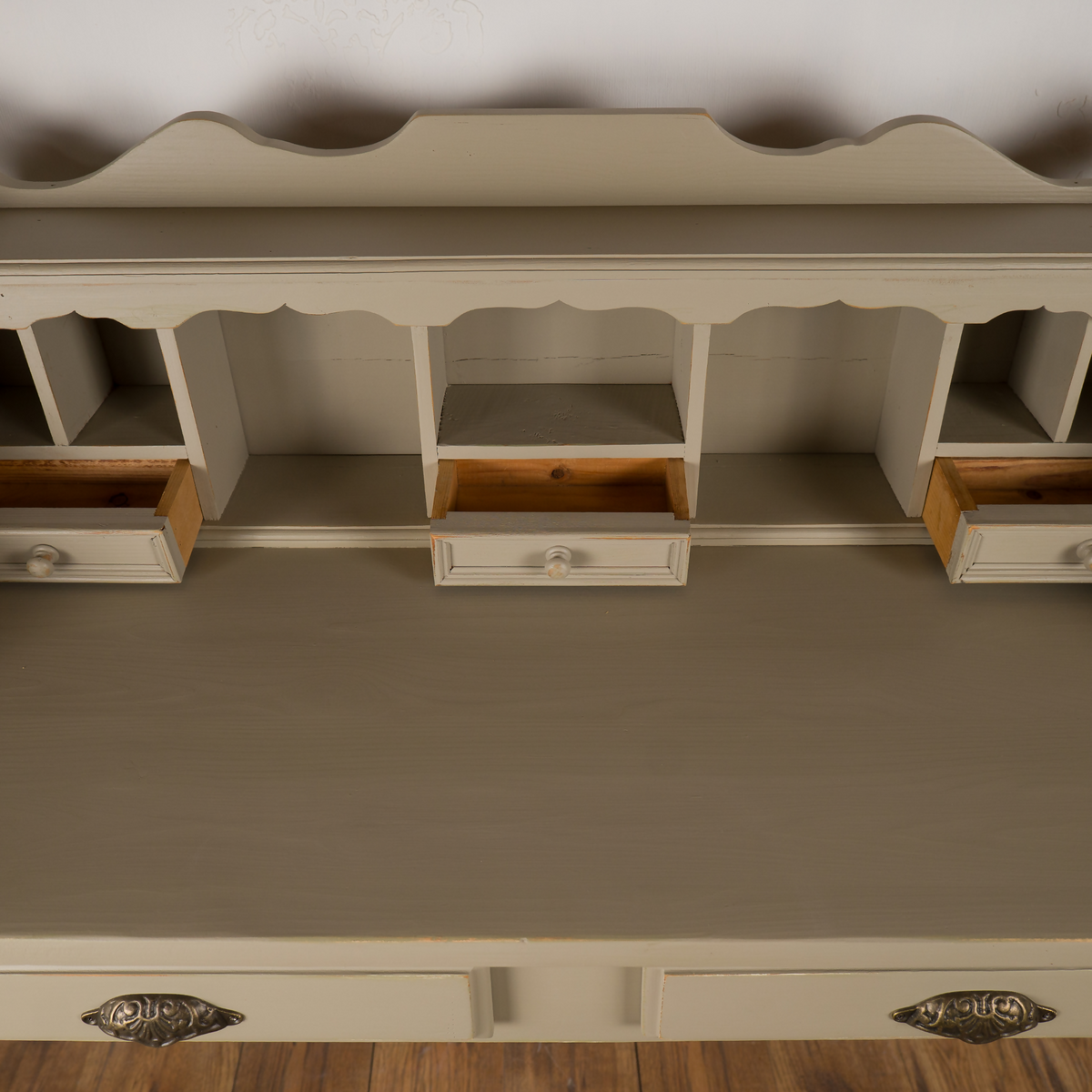 Upcycled French Country Writing Desk, Dried Sage Finish, Pigeonhole Storage