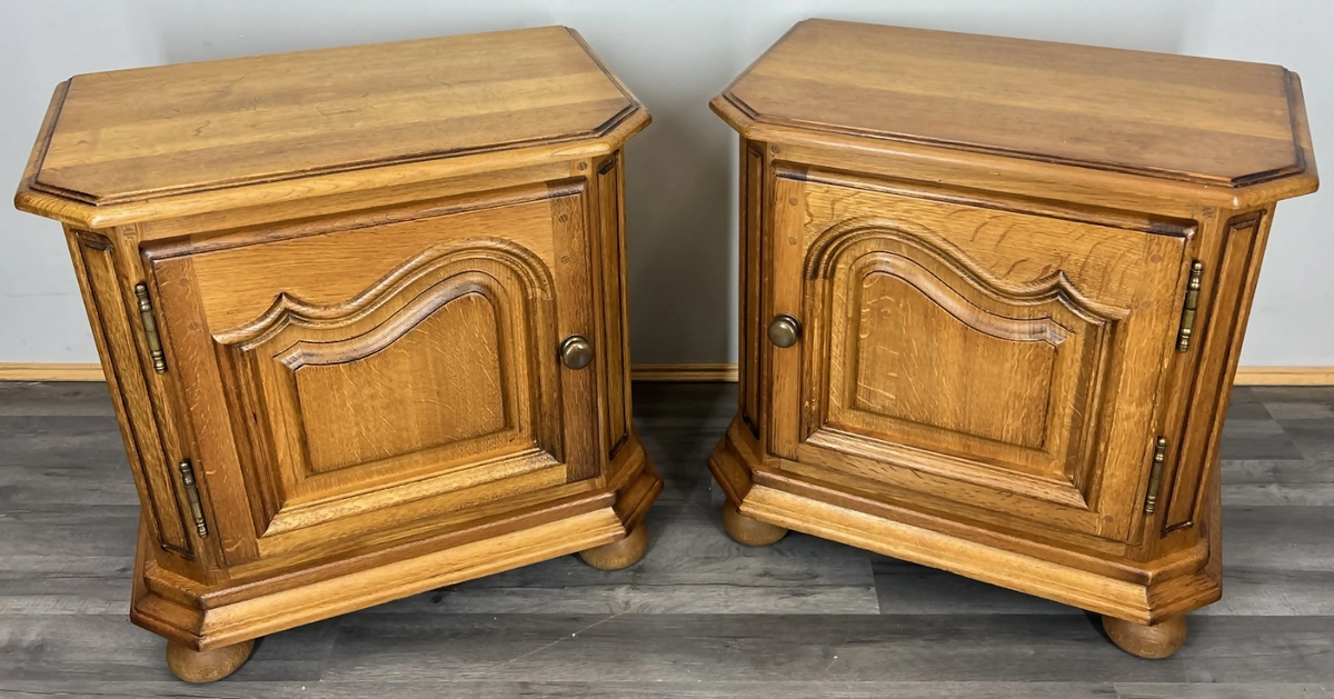 Pair of Bedside Tables Vintage French Nightstands Carved Oak Cabinets LOT 24289