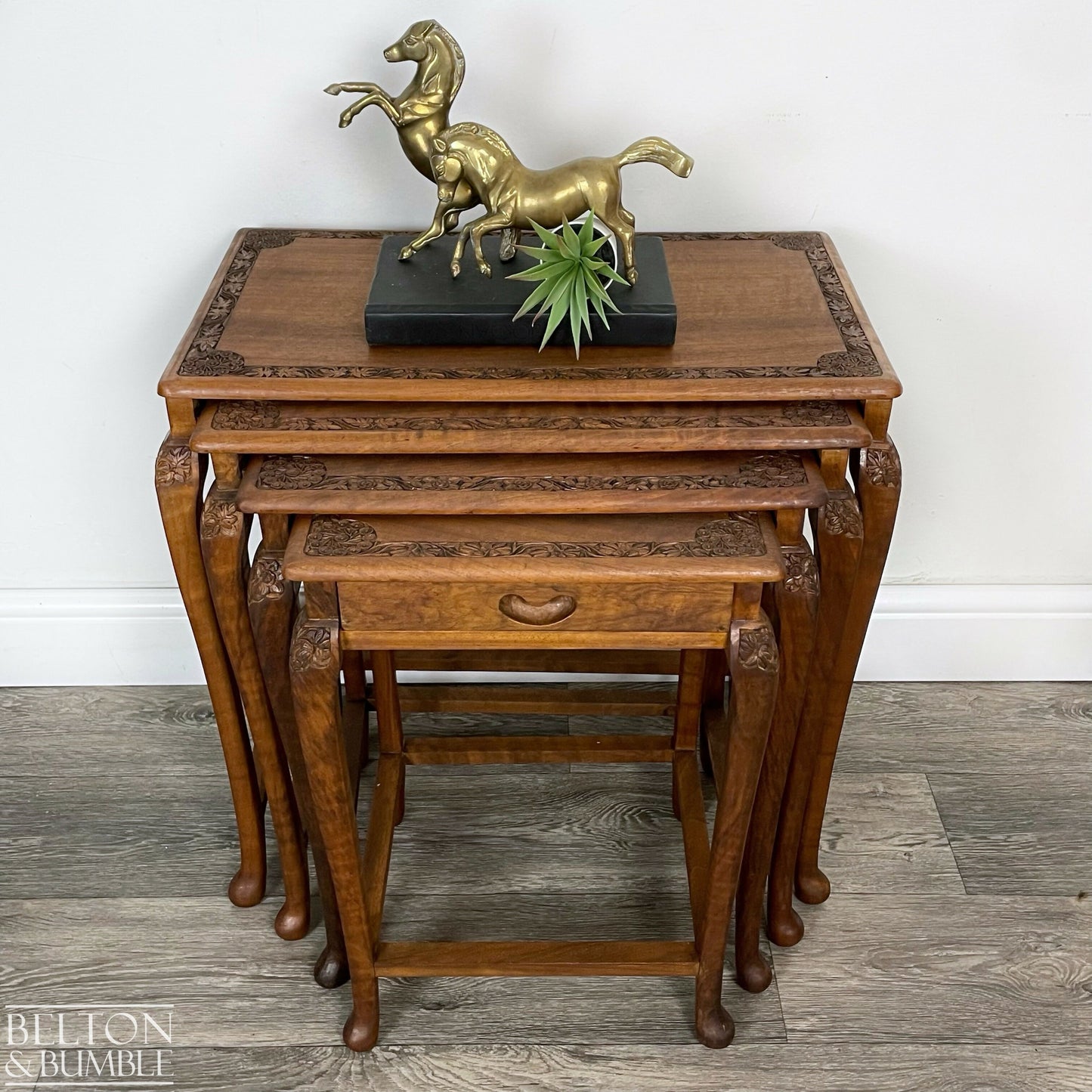 Set of Four Ornate Nesting Tables with Drawer Detail