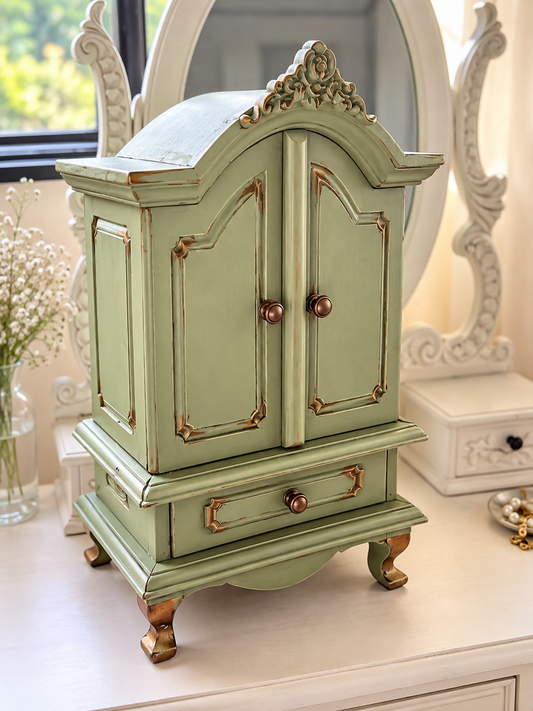 French-Style Miniature Armoire Jewellery Cabinet, Trinket Keepsake Box, Sage Green & Antique Gold