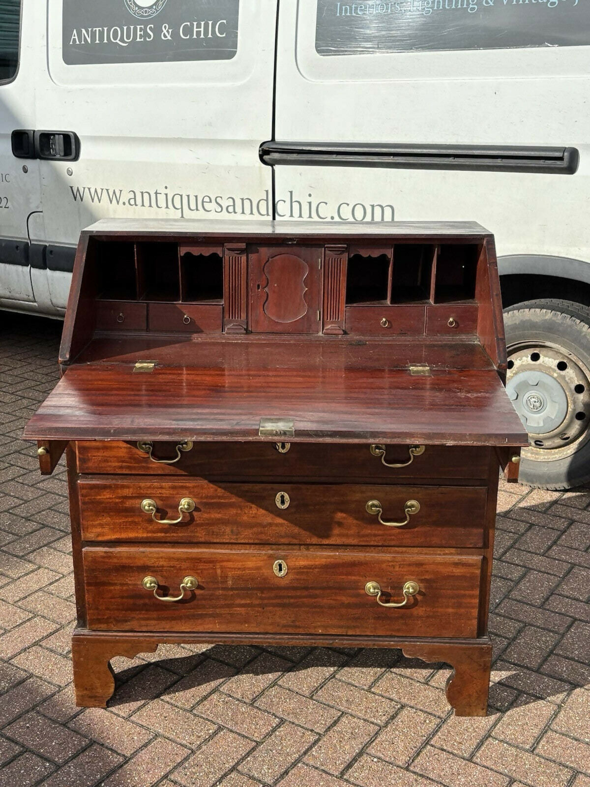 English Georgian Mahogany Desk, Fitted Interior, Secret Drawers, Brass Handles