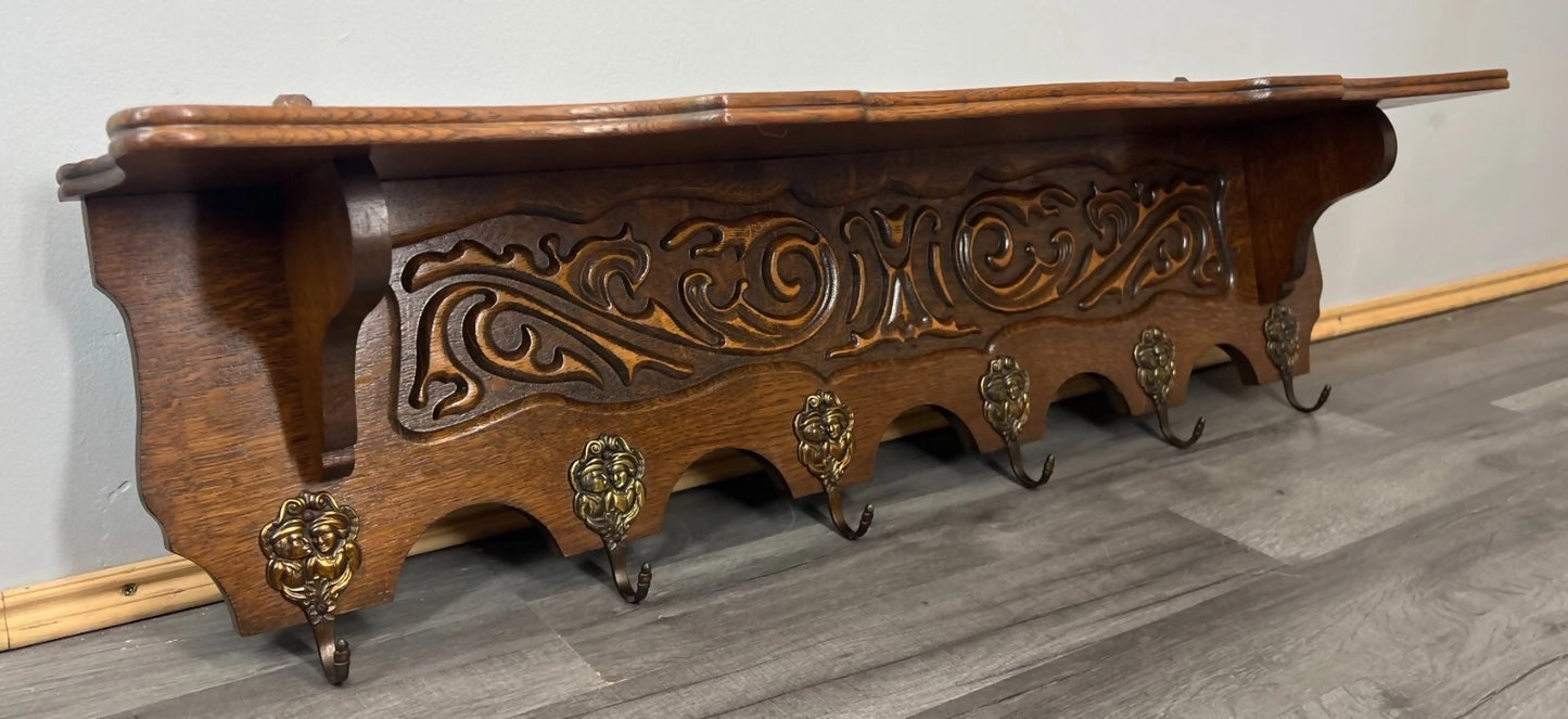 Coat Rack Antique French Style Oak Wall Shelf 6 Hooks Carved Hall Stand LOT 3511