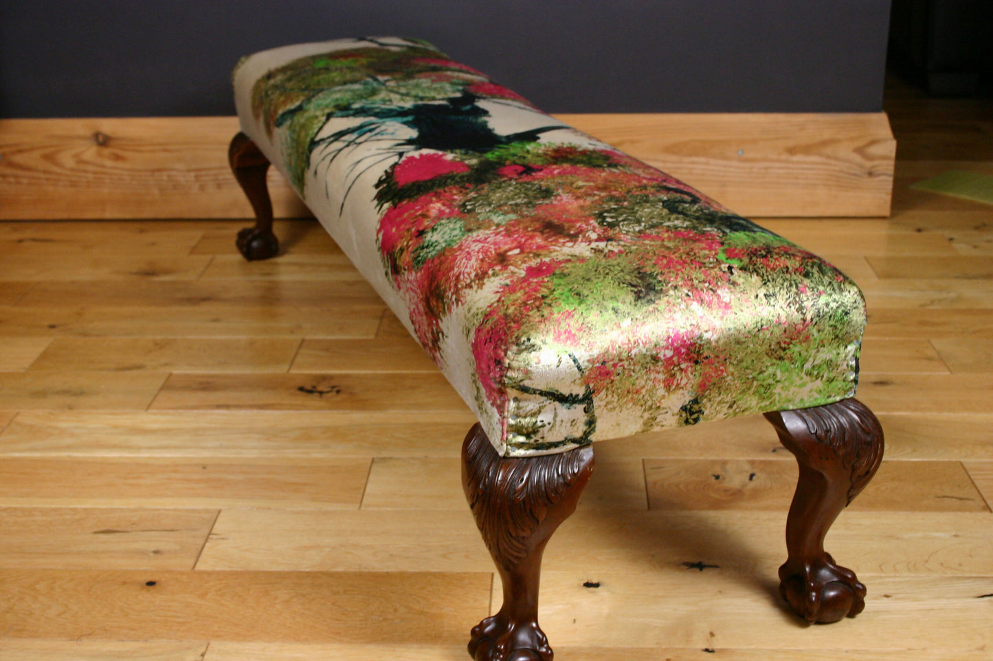 Maple & Co Oversized Antique c1900 Bench Footstool in Timorous Beasties Pinyin Tree Velvet